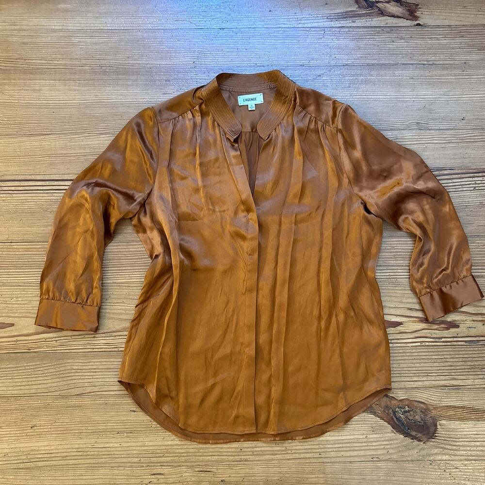 L'Agence silk bronze brown hidden button up blouse shirt SIZE 8